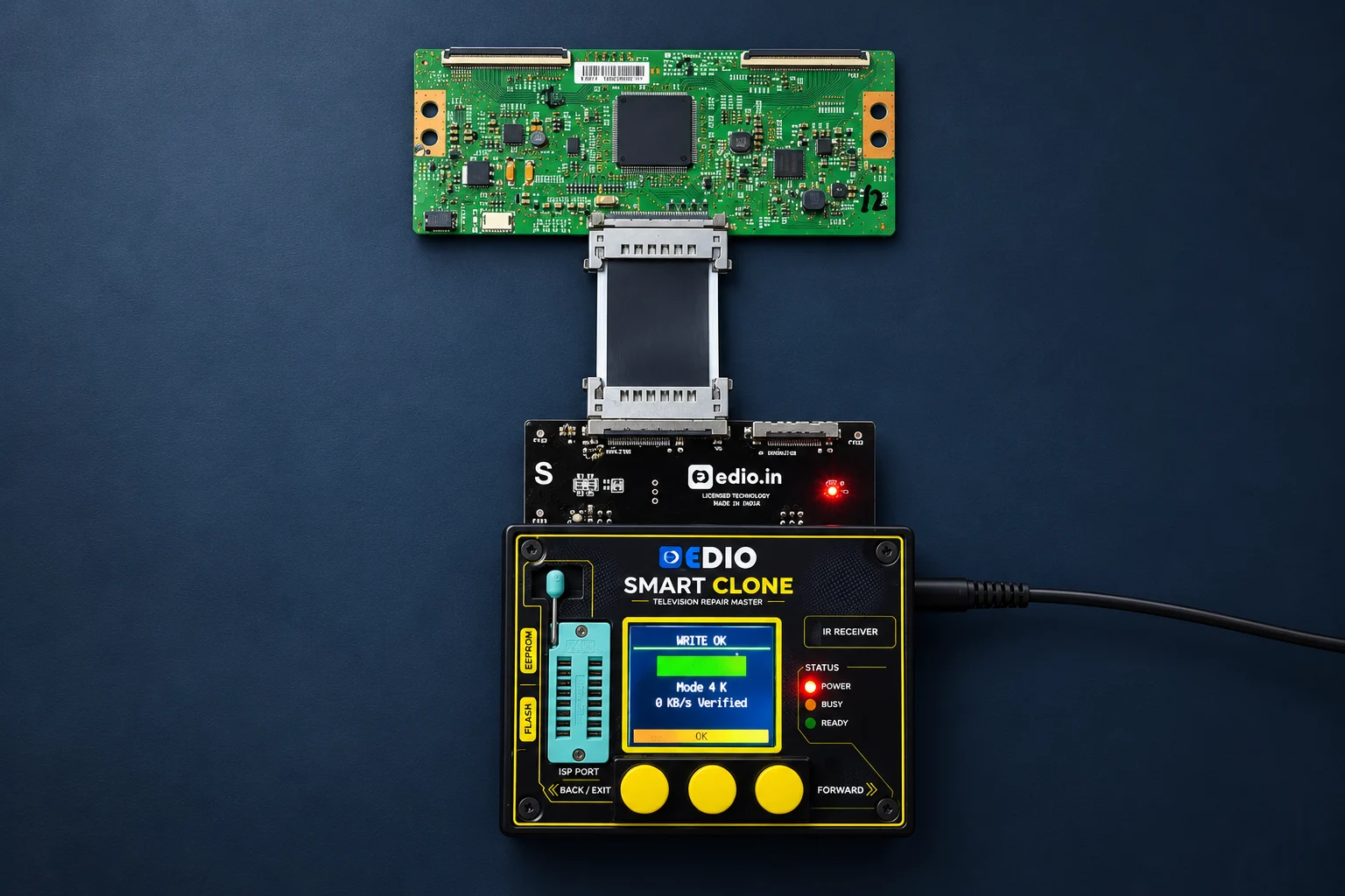 SmartClone wired to a T-CON board, its screen showing WRITE OK
