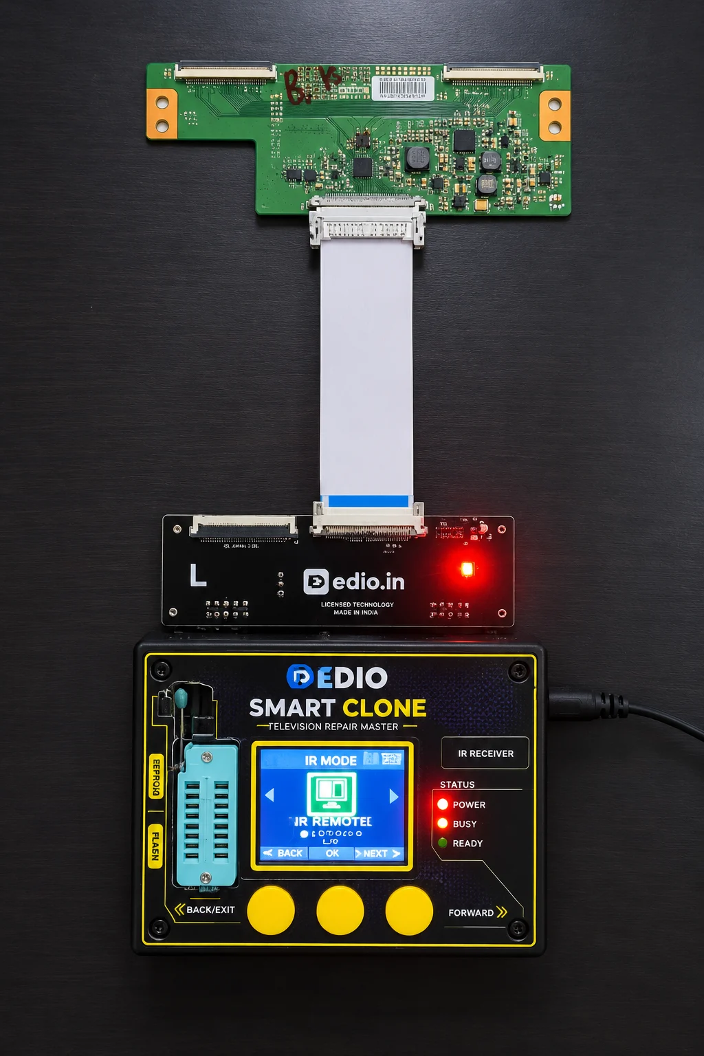 SmartClone wired through its adapter to a T-CON board