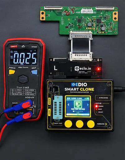 SmartClone and a multimeter checking a T-CON board's PMIC