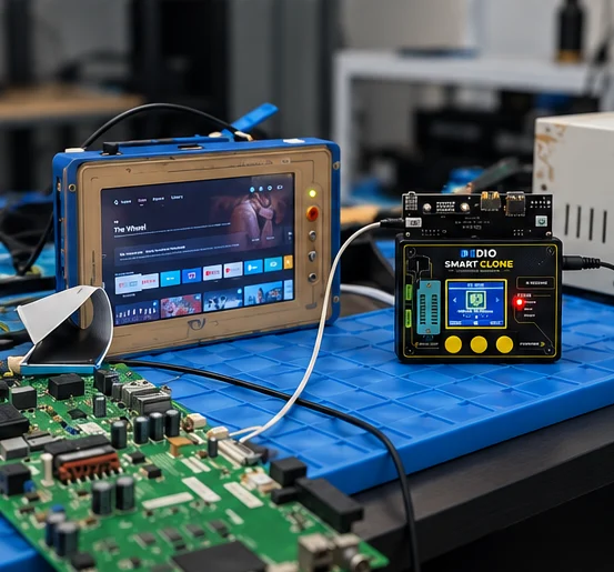 SmartClone beside a TV main board on a repair bench