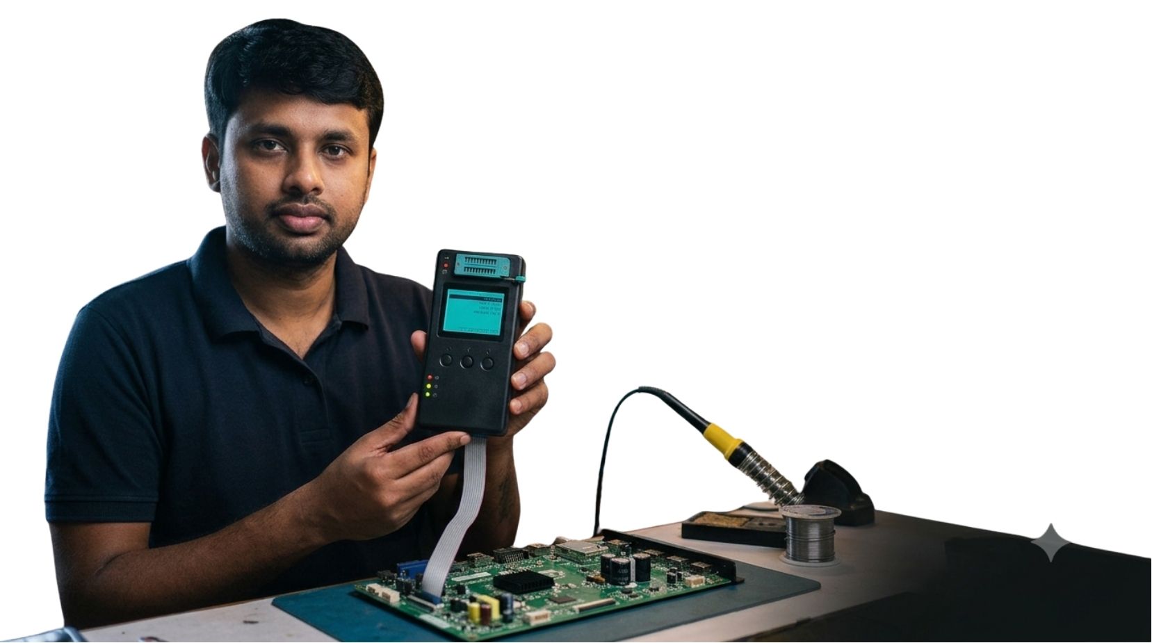 EDIO founder holding a repair tool beside an electronics repair bench.
