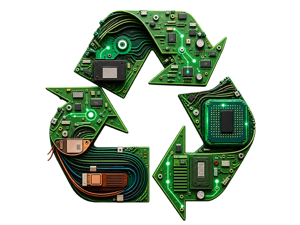 A recycling symbol built from green circuit boards, chips and cables.