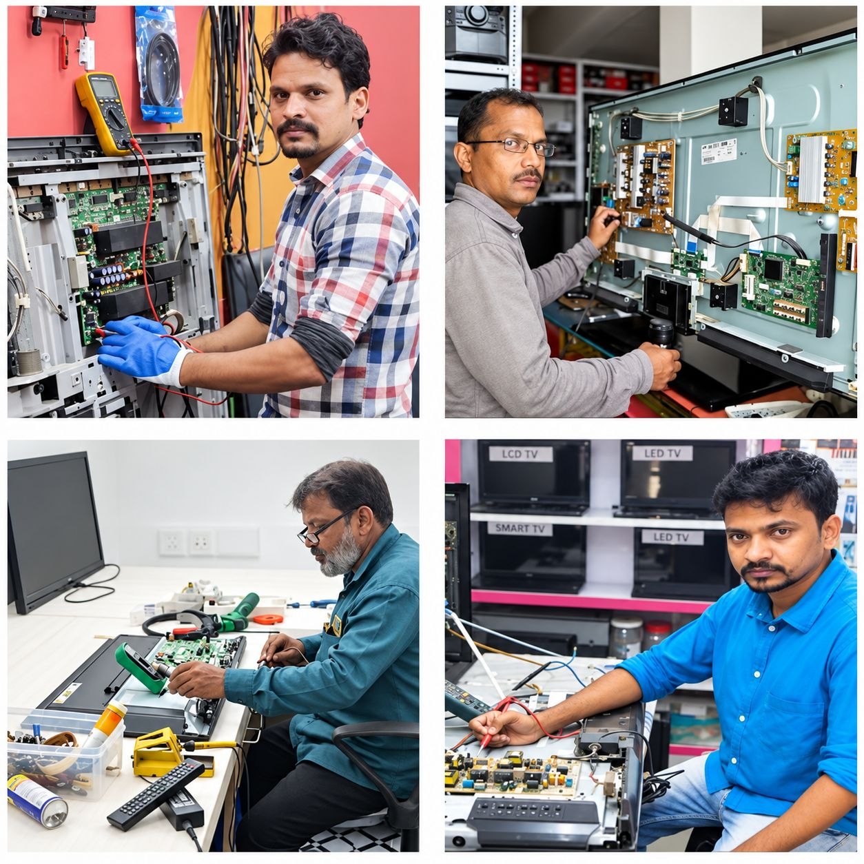 Four independent technicians working on television mainboards at their repair benches.