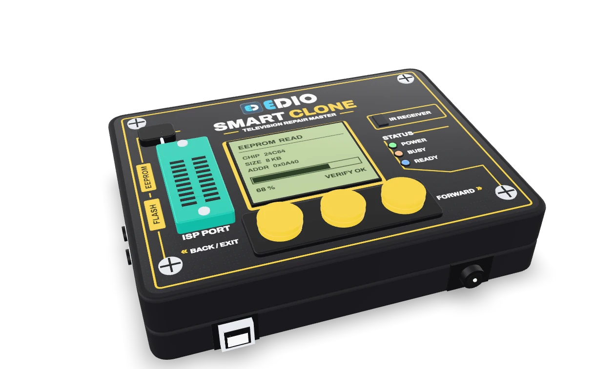 EDIO SmartClone, showing its ISP programming socket, display, infrared receiver, status indicators and three control buttons.