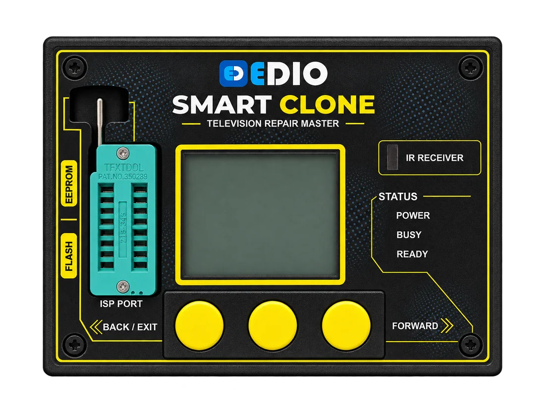EDIO SmartClone, the television repair master tool, showing its ISP port, display, IR receiver, status indicators and three control buttons.