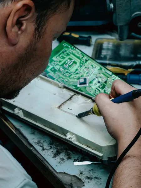 A technician soldering a component on a circuit board